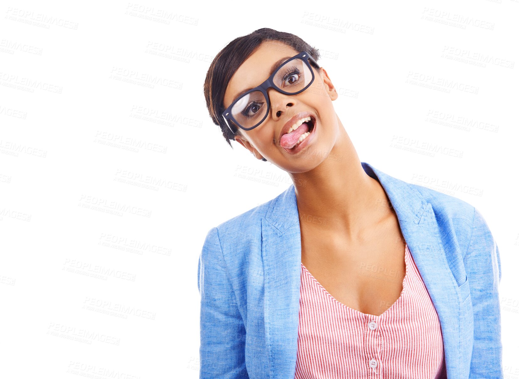 Buy stock photo Tongue out, glasses and portrait of young woman with silly, goofy and funny facial expression. Happy, spectacles and female person from Mexico with comic face isolated by transparent png background.