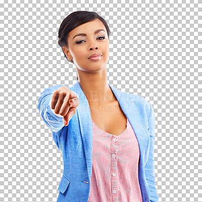 Buy stock photo Portrait, businesswoman and pointing at you in confidence for choice, selection or recruitment for onboarding. Black person, hr manager or happy for decision on isolated or transparent png background