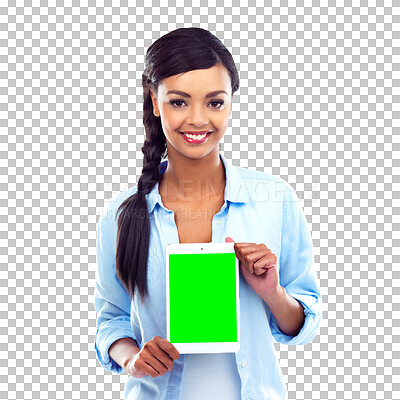 Buy stock photo Portrait, happy woman and tablet with green screen for social media, homepage or website. Black person, consultant and smile for announcement on isolated or transparent png background on internet