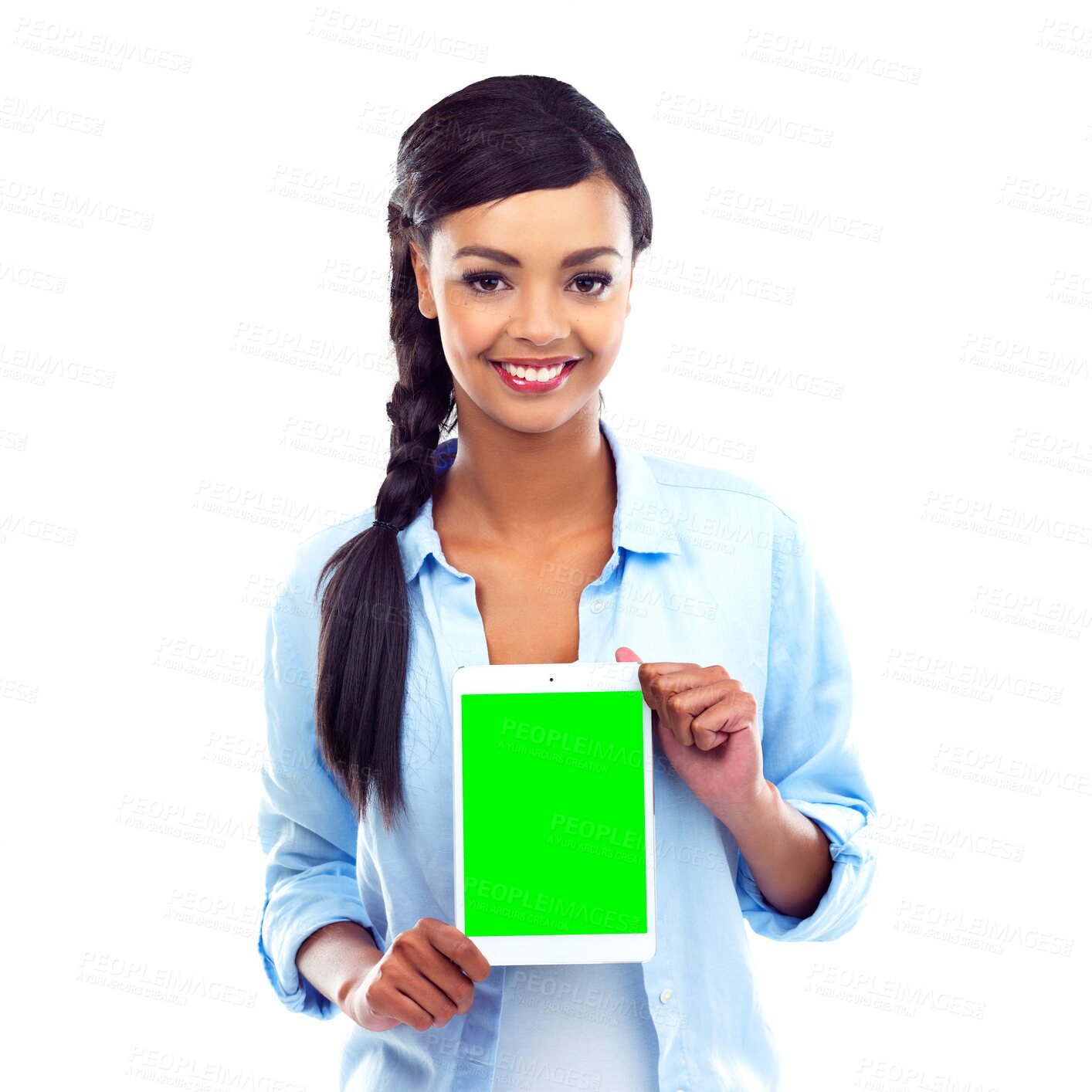 Buy stock photo Portrait, happy woman and tablet with green screen for social media, homepage or website. Black person, consultant and smile for announcement on isolated or transparent png background on internet