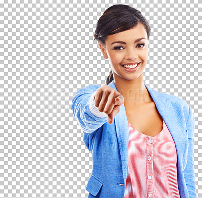 Buy stock photo Happy, businesswoman and pointing at you in portrait for opportunity, choice and offer of recruitment. Black person, hr manager and excited for selection on isolated or transparent png background