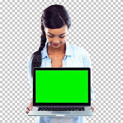 Buy stock photo Woman, hold and laptop with green screen for website, social media or online with announcement. Person, smile or technology for information and isolated on transparent png background for promo