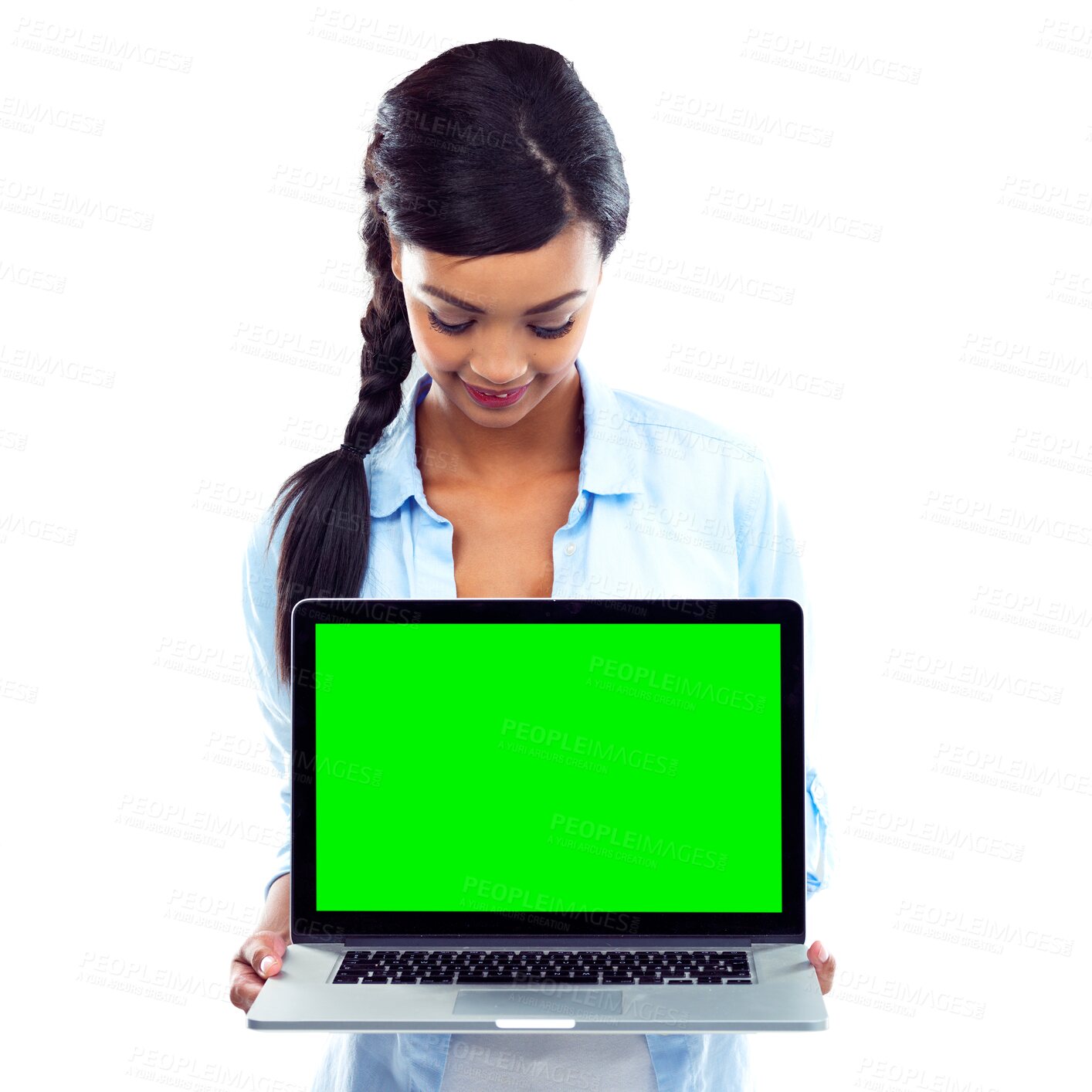 Buy stock photo Woman, hold and laptop with green screen for website, social media or online with announcement. Person, smile or technology for information and isolated on transparent png background for promo