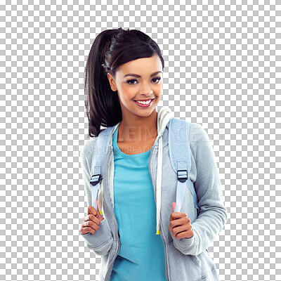 Buy stock photo Portrait, school and a woman student with a backpack isolated on a transparent background for scholarship. Education, smile and college and a happy young university pupil on PNG for learning or study