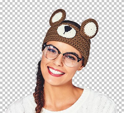 Buy stock photo Portrait, happy or woman teddy bear beanie, glasses or fashion accessories for casual style, creative apparel or eyewear. Trendy hat, stylish cap or model face isolated on transparent, png background