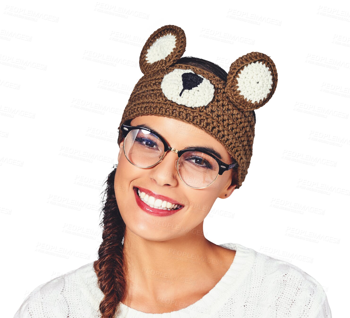 Buy stock photo Portrait, happy or woman teddy bear beanie, glasses or fashion accessories for casual style, creative apparel or eyewear. Trendy hat, stylish cap or model face isolated on transparent, png background