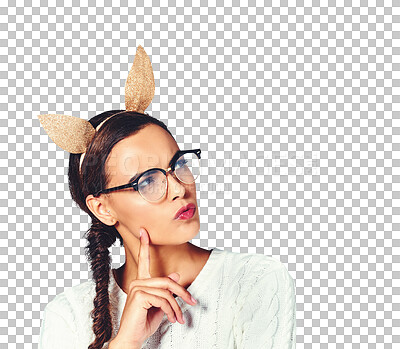 Buy stock photo Woman, thinking and rabbit ears for thoughts for decision or problem solving, solution or isolated on transparent png background. Female person, hand gesture for wondering bunny accessory or doubt