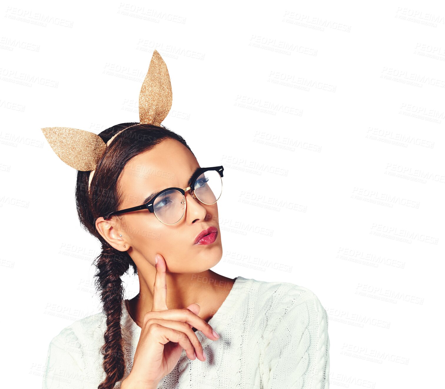 Buy stock photo Woman, thinking and rabbit ears for thoughts for decision or problem solving, solution or isolated on transparent png background. Female person, hand gesture for wondering bunny accessory or doubt