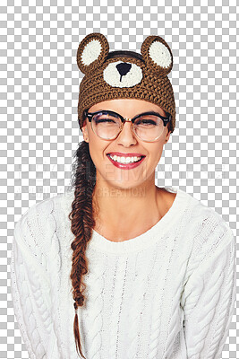 Buy stock photo Portrait, smile and woman with bear hat, confident girl and happiness isolated on a transparent background. Face, person and model with glasses, funny beanie and png with joy, cheerful and style