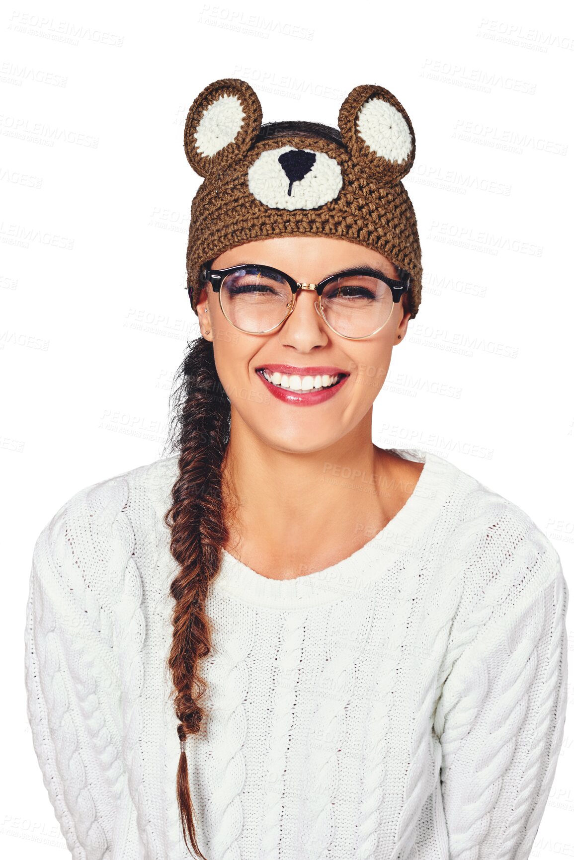 Buy stock photo Portrait, smile and woman with bear hat, confident girl and happiness isolated on a transparent background. Face, person and model with glasses, funny beanie and png with joy, cheerful and style