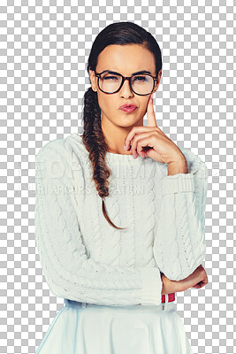 Buy stock photo Woman, portrait or glasses for thinking of project proposal, consultant or brainstorming solution. Person, serious and face with problem solving in thought and isolated on transparent png background