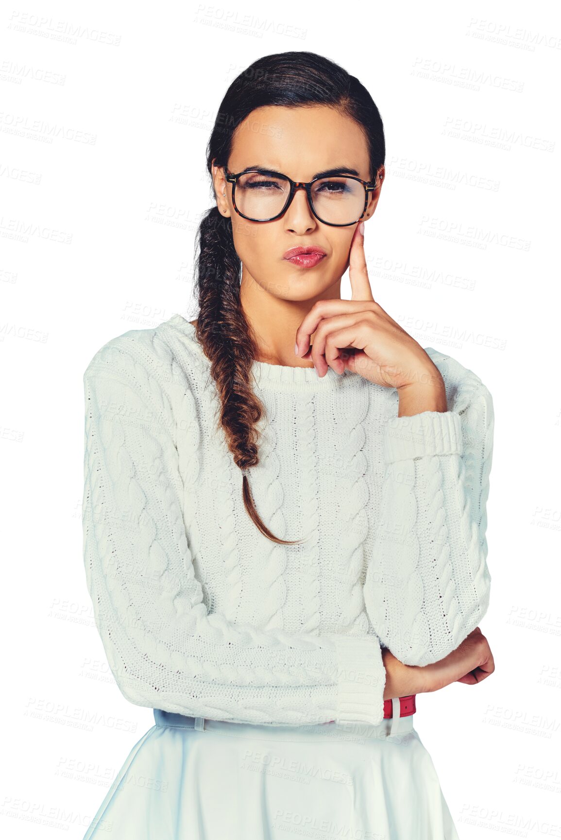 Buy stock photo Woman, portrait or glasses for thinking of project proposal, consultant or brainstorming solution. Person, serious and face with problem solving in thought and isolated on transparent png background