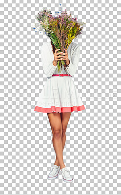 Buy stock photo Covering face, woman and bouquet with flowers, fashion and stylish clothes isolated on a transparent background. Person, girl and model with plants, natural gift and present with png and aesthetic