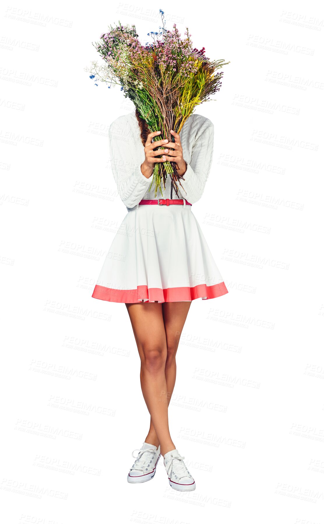 Buy stock photo Covering face, woman and bouquet with flowers, fashion and stylish clothes isolated on a transparent background. Person, girl and model with plants, natural gift and present with png and aesthetic