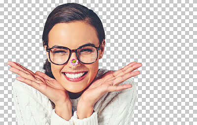 Buy stock photo Woman, portrait and happy or flower on nose for good mood, positive attitude or isolated on transparent png background. Female person, face and smile for fresh spring day, confidence or daisy plant