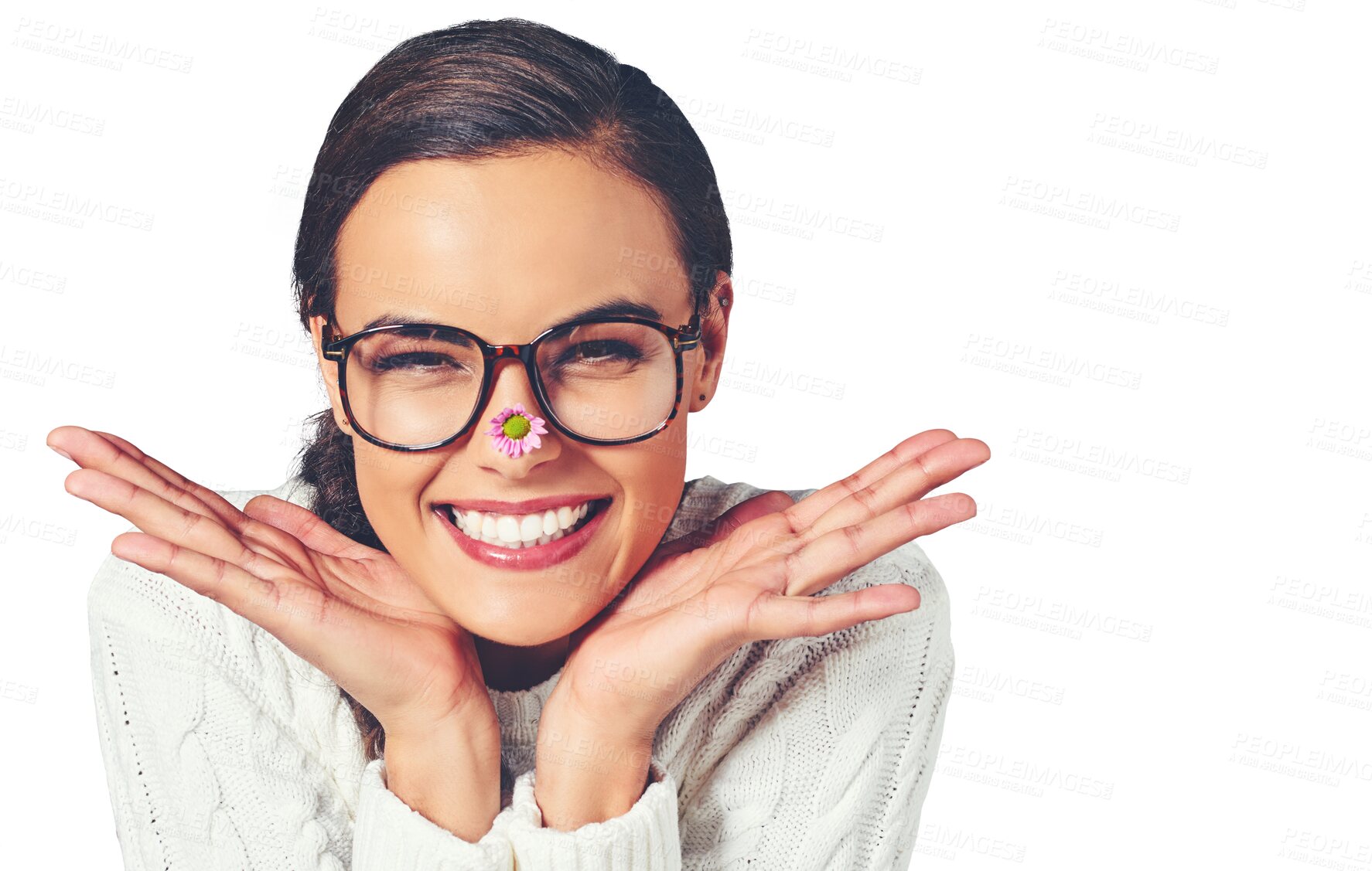 Buy stock photo Woman, portrait and happy or flower on nose for good mood, positive attitude or isolated on transparent png background. Female person, face and smile for fresh spring day, confidence or daisy plant