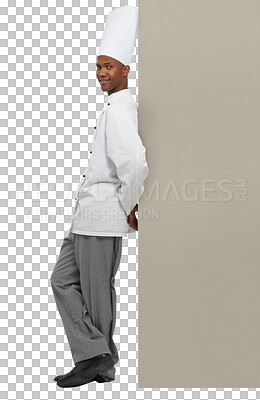 Buy stock photo Portrait, smile and a black man chef with mockup isolated on a transparent background for marketing. Kitchen, cooking and space with a happy young person in uniform on PNG for restaurant advertising