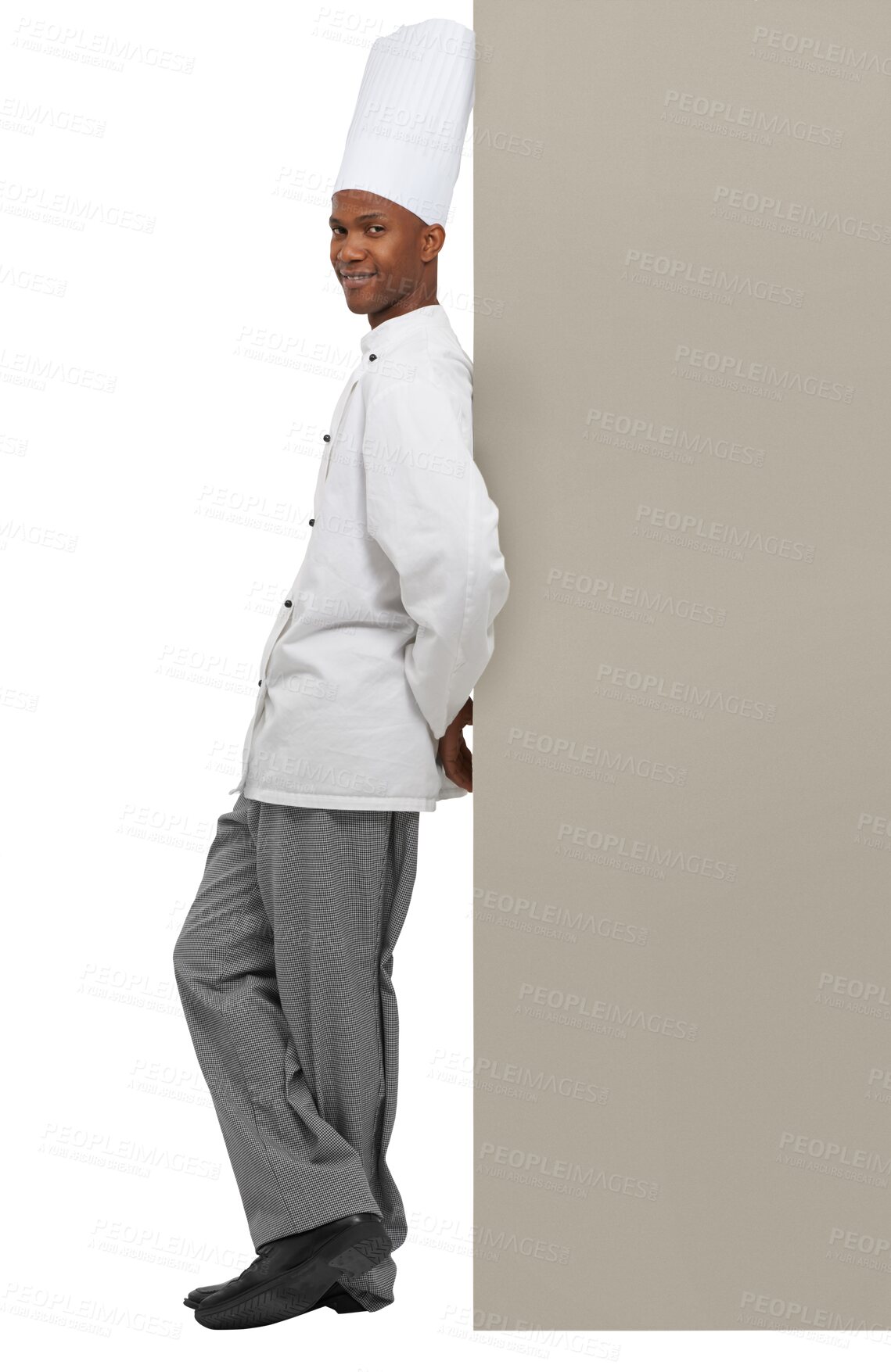 Buy stock photo Portrait, smile and a black man chef with mockup isolated on a transparent background for marketing. Kitchen, cooking and space with a happy young person in uniform on PNG for restaurant advertising