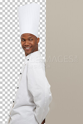 Buy stock photo Man, cook and smile for idea, copy space and decision for offer, announcement or choice for cooking. Black person, professional and chef with information on isolated or transparent png background