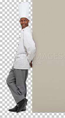 Buy stock photo Poster, smile and a black man chef with space isolated on a transparent background for marketing. Kitchen, cooking and mockup with a happy young person in uniform on PNG for restaurant advertising