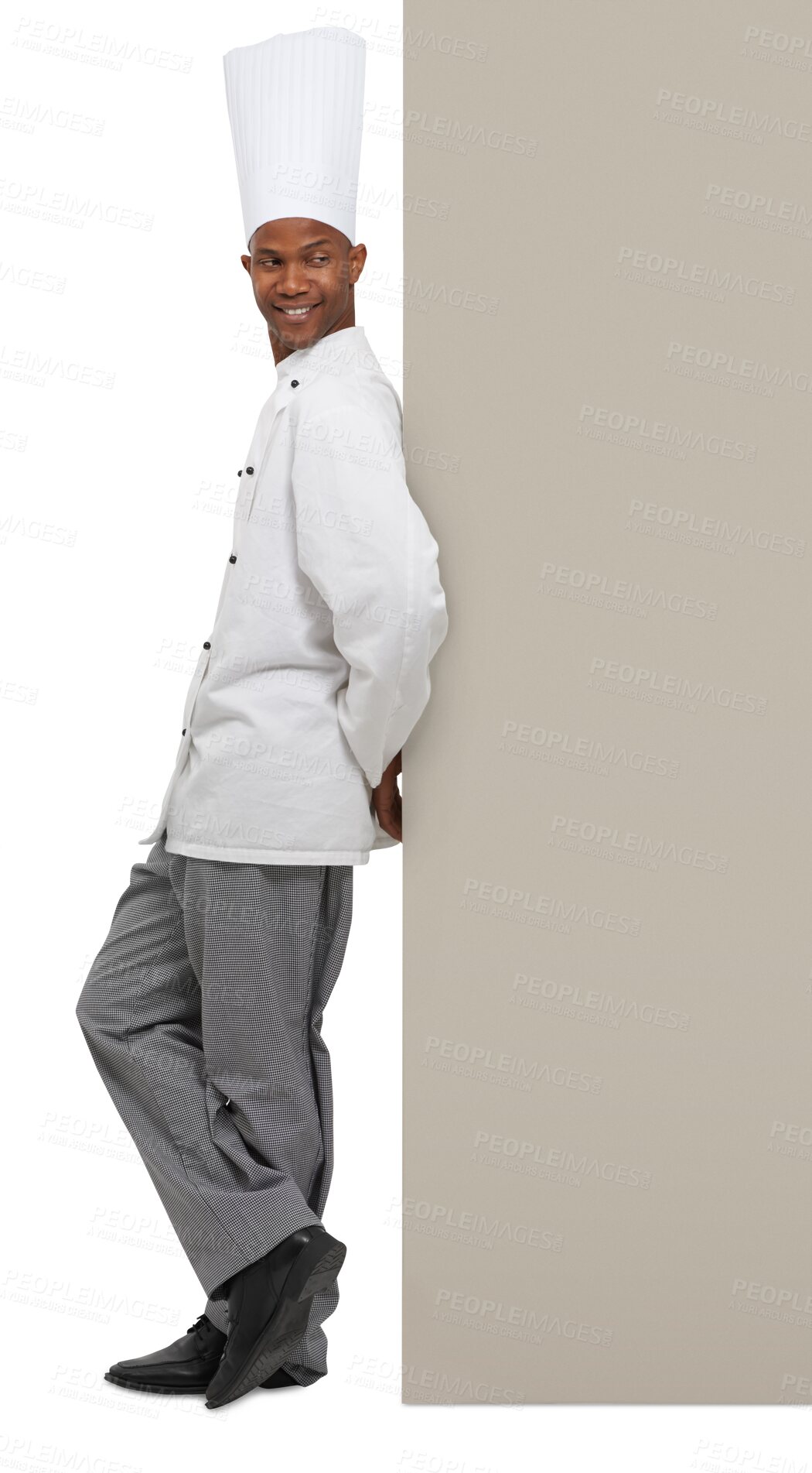 Buy stock photo Poster, smile and a black man chef with space isolated on a transparent background for marketing. Kitchen, cooking and mockup with a happy young person in uniform on PNG for restaurant advertising