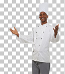 Happiness, chef and black man with a smile, showing and confident guy isolated on a transparent background. African person, culinary expert and kitchen worker with joy, png and employee with uniform