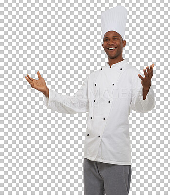 Buy stock photo Happiness, chef and black man with a smile, showing and confident guy isolated on a transparent background. African person, culinary expert and kitchen worker with joy, png and employee with uniform