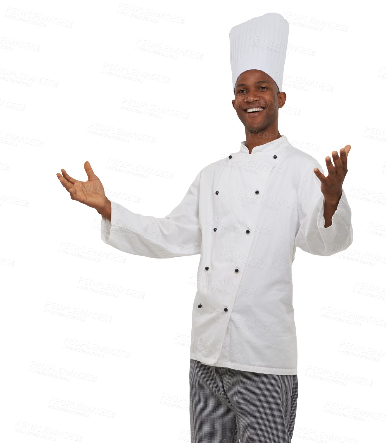 Buy stock photo Happiness, chef and black man with a smile, showing and confident guy isolated on a transparent background. African person, culinary expert and kitchen worker with joy, png and employee with uniform