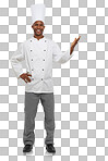 Chef with hand pointing, smile and portrait isolated on transparent png background with menu deal presentation. Fine dining, hospitality or catering with black man, cook or baker for restaurant promo