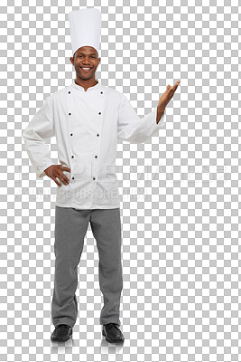 Buy stock photo Chef with hand pointing, smile and portrait isolated on transparent png background with menu deal presentation. Fine dining, hospitality or catering with black man, cook or baker for restaurant promo