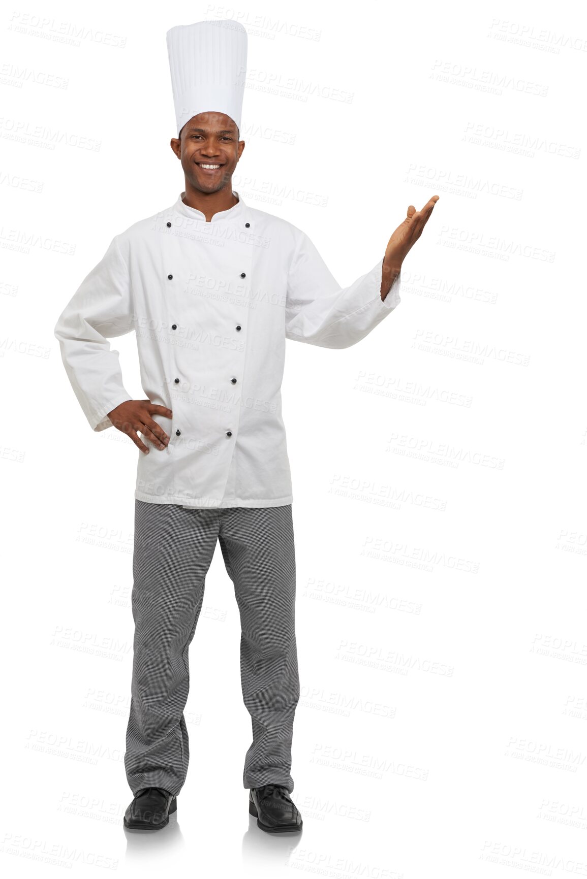 Buy stock photo Chef with hand pointing, smile and portrait isolated on transparent png background with menu deal presentation. Fine dining, hospitality or catering with black man, cook or baker for restaurant promo