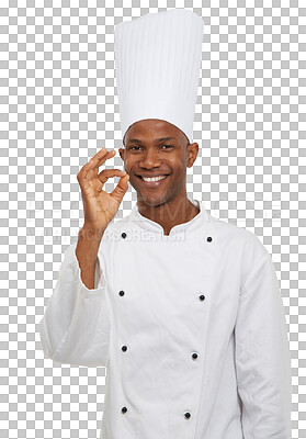 Buy stock photo Chef, okay hand sign and portrait isolated on transparent png background for taste excellence. Fine dining, success or catering, happy black man cook or baker with perfect gesture, smile and approval