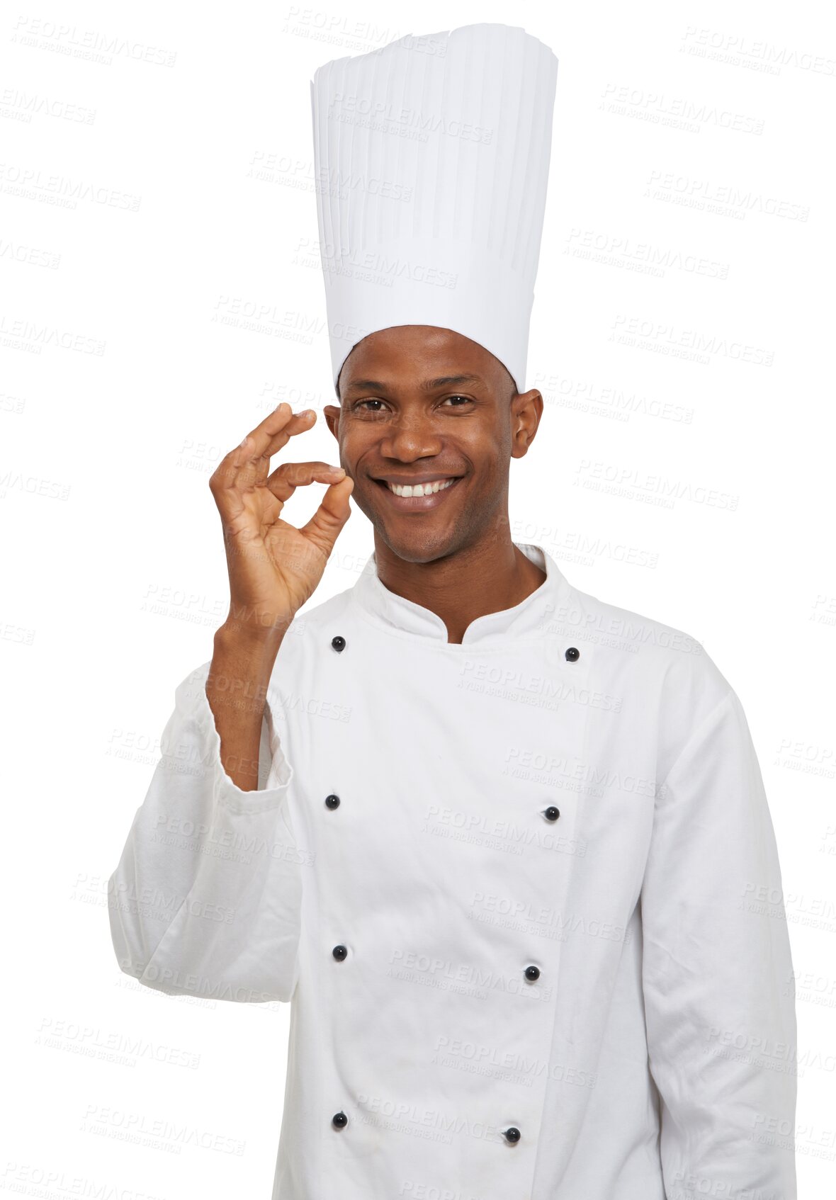 Buy stock photo Chef, okay hand sign and portrait isolated on transparent png background for taste excellence. Fine dining, success or catering, happy black man cook or baker with perfect gesture, smile and approval