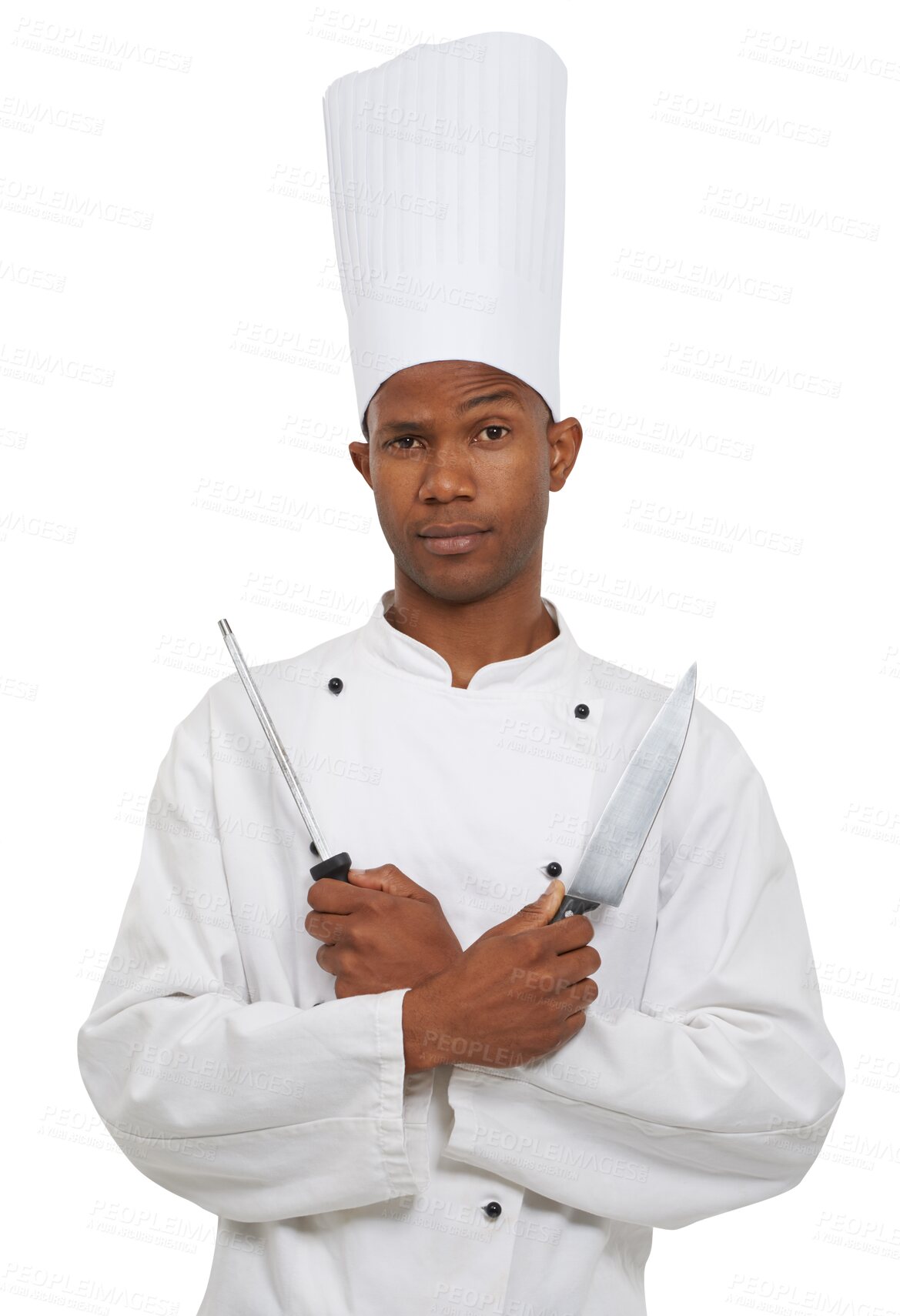 Buy stock photo Man, cook and confident with arms crossed, knife and challenge with utensils in portrait. Black man, professional chef and competitive look on face for skill on isolated or transparent png background