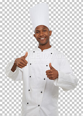 Buy stock photo Portrait, happy man or cook with thumbs up for choice, decision or suggestion. Black person, professional chef and agree with option on isolated or transparent png background in hospitality industry