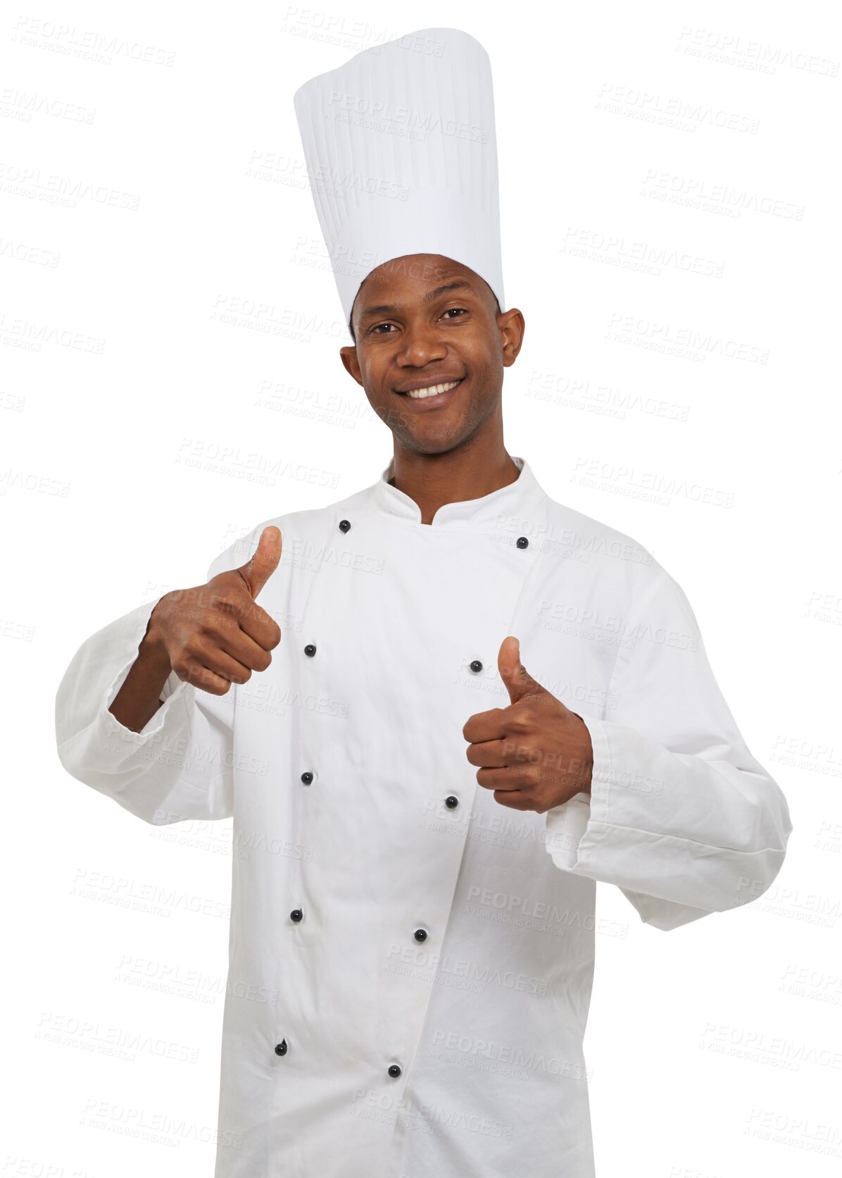 Buy stock photo Portrait, happy man or cook with thumbs up for choice, decision or suggestion. Black person, professional chef and agree with option on isolated or transparent png background in hospitality industry