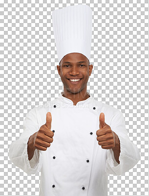 Buy stock photo Portrait, happy man or chef with thumbs up for decision, job or occupation. Black person, professional cook and agreement for choice on isolated or transparent png background in hospitality industry