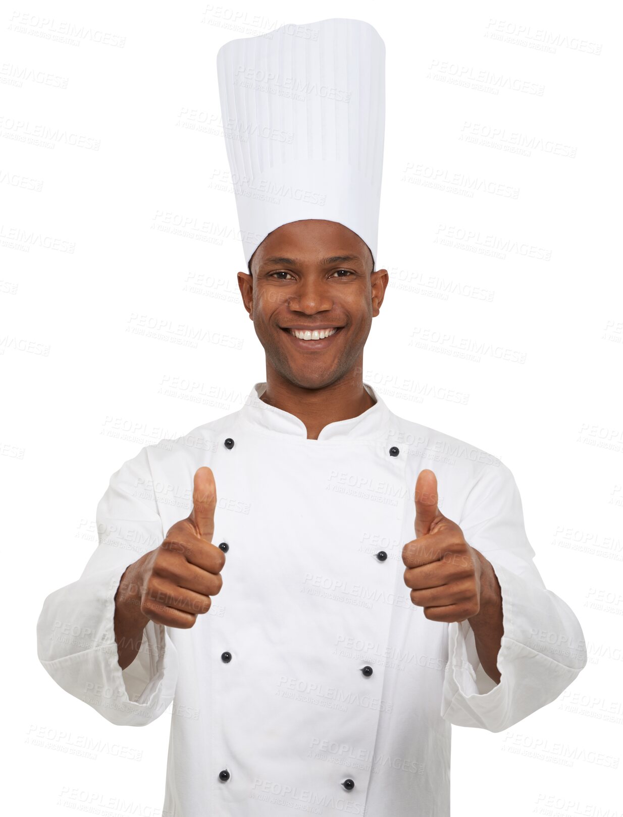 Buy stock photo Portrait, happy man or chef with thumbs up for decision, job or occupation. Black person, professional cook and agreement for choice on isolated or transparent png background in hospitality industry