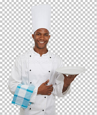 Buy stock photo Chef, portrait and serve plate for dinner preparation or lunch recipe nutrition, skill career or food service. Black person, cloth and hat or isolated on transparent png, background for cooking menu