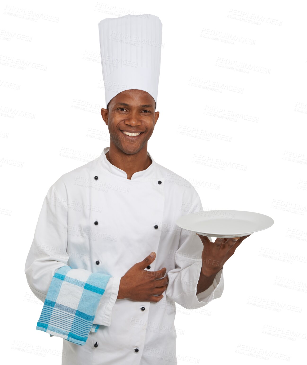 Buy stock photo Chef, portrait and serve plate for dinner preparation or lunch recipe nutrition, skill career or food service. Black person, cloth and hat or isolated on transparent png, background for cooking menu