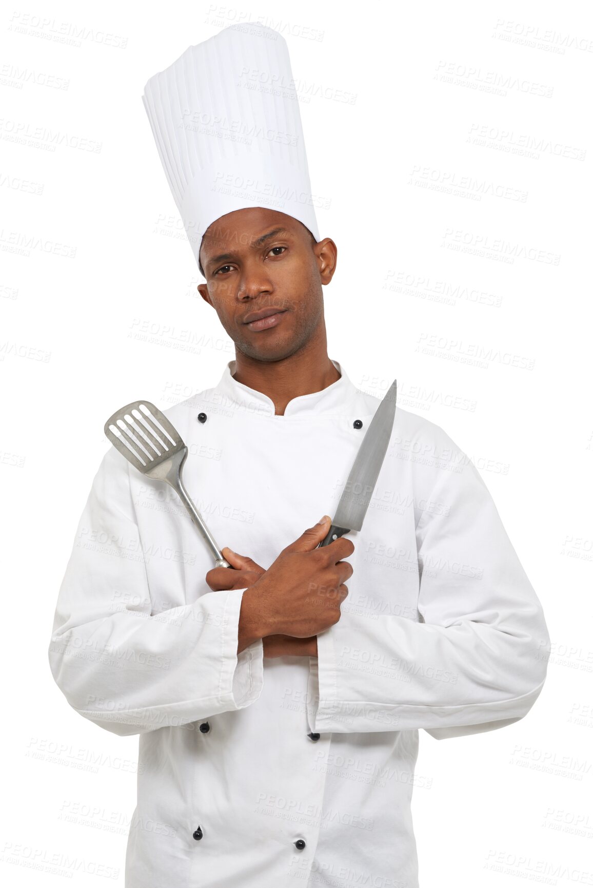 Buy stock photo Portrait, cook and utensil for arms crossed with confidence in skill, knife or spatula in challenge. Black man, professional chef or competitive look on face on isolated or transparent png background