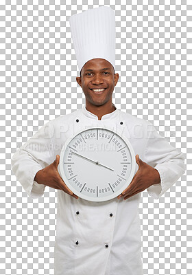 Buy stock photo Chef, clock and portrait of happy man with time, hour arrow and isolated on a transparent png background. Cooking, face or African professional with countdown deadline, circle alarm or minute service