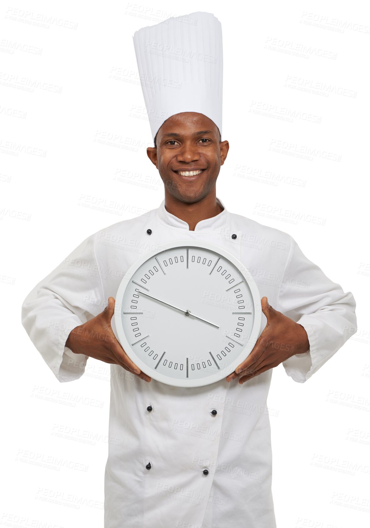 Buy stock photo Chef, clock and portrait of happy man with time, hour arrow and isolated on a transparent png background. Cooking, face or African professional with countdown deadline, circle alarm or minute service