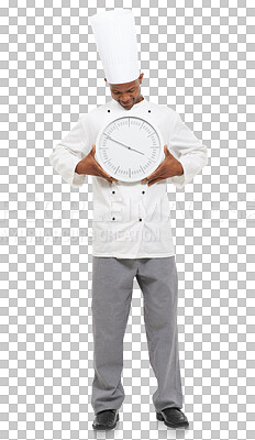 Buy stock photo Chef, clock and man with time, hour arrow and isolated on a transparent png background. Cooking, happy African professional and countdown deadline, circle alarm or show watch for restaurant service