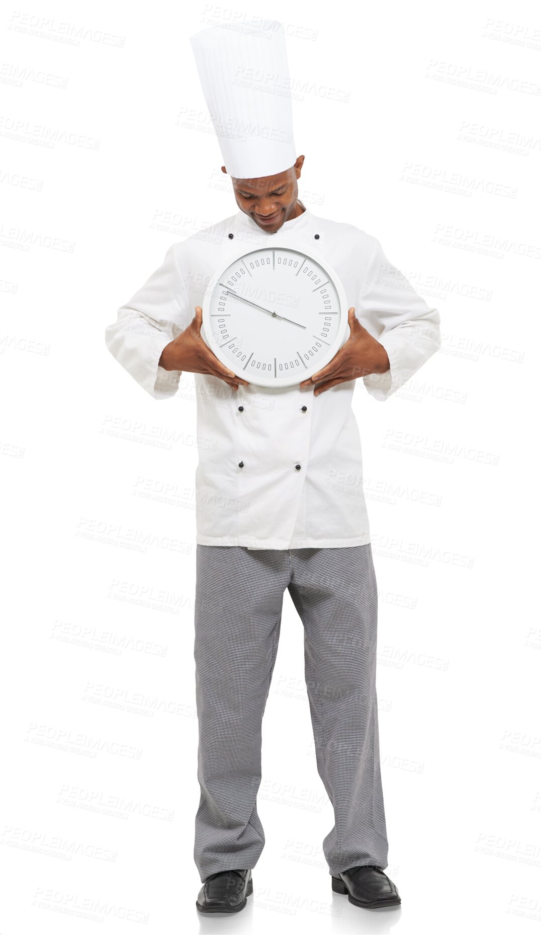 Buy stock photo Chef, clock and man with time, hour arrow and isolated on a transparent png background. Cooking, happy African professional and countdown deadline, circle alarm or show watch for restaurant service