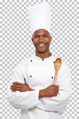 Buy stock photo Chef, wooden spoon and portrait of man for cooking, restaurant catering and isolated on transparent png background. Happy african bakery worker, kitchen tools and arms crossed for hospitality service