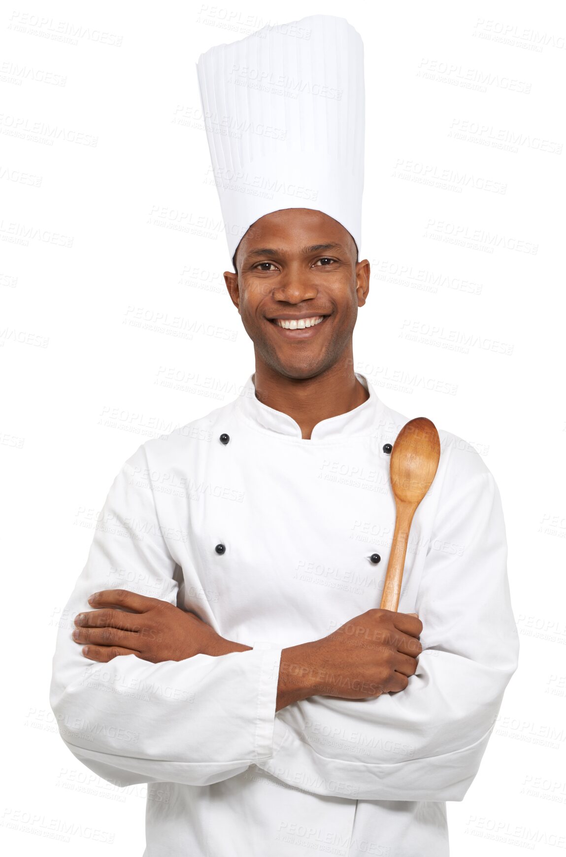 Buy stock photo Chef, wooden spoon and portrait of man for cooking, restaurant catering and isolated on transparent png background. Happy african bakery worker, kitchen tools and arms crossed for hospitality service