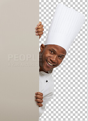 Buy stock photo Portrait, mockup and a black man chef behind a poster isolated on a transparent background for marketing. Face, smile and space with a happy young cook in uniform on PNG for restaurant advertising