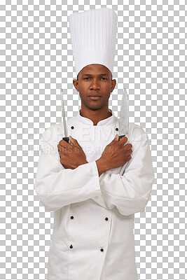 Buy stock photo Portrait, chef and utensil for arms crossed with confidence in skill, knife or blade for challenge. Black man, professional cook and serious look on face on isolated or transparent png background