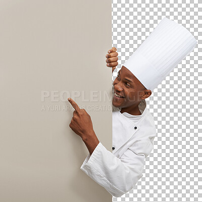 Buy stock photo Smile, pointing and a black man chef with mockup isolated on a transparent background for marketing. Presentation, information and space with a happy young person in uniform on PNG for advertising